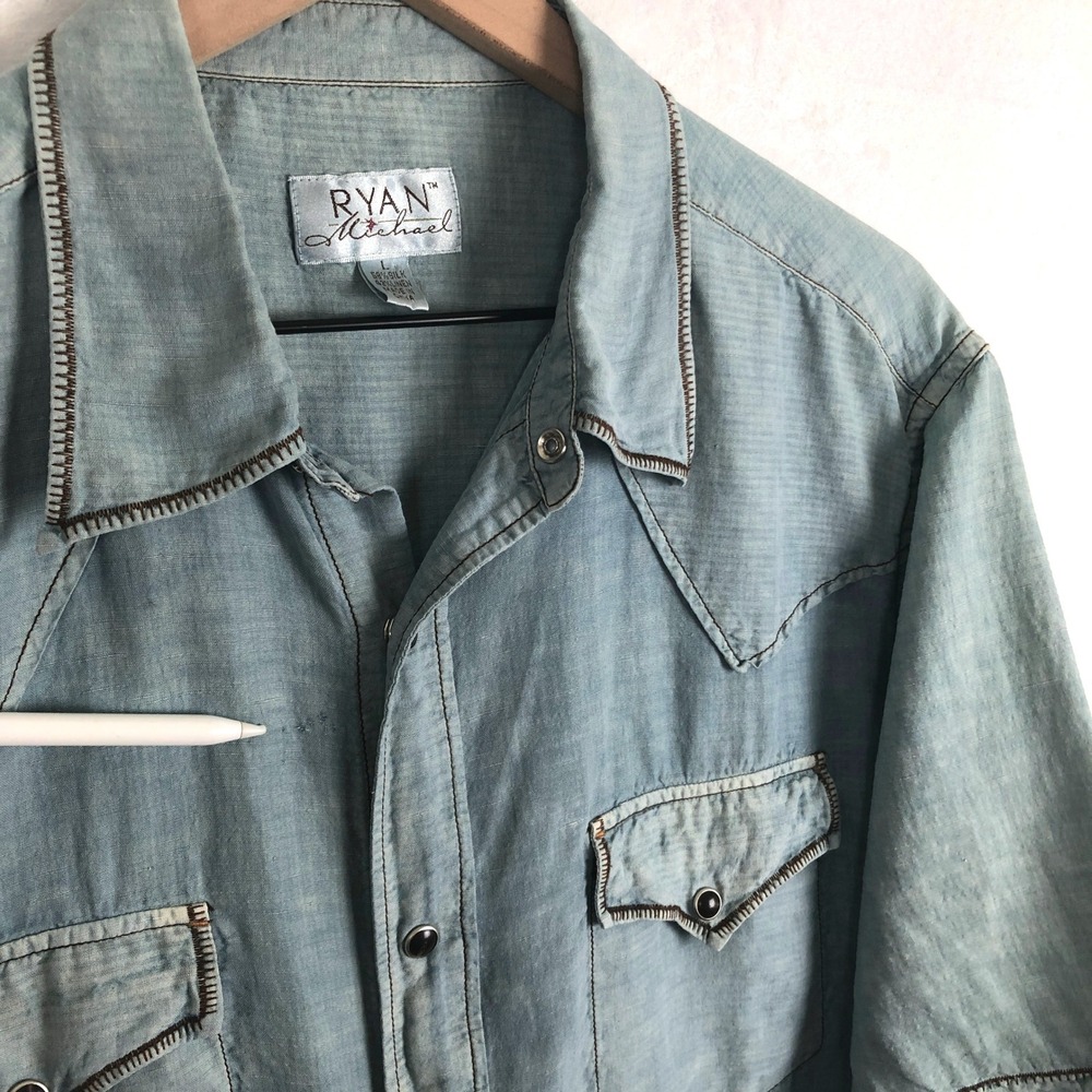 RYAN MICHAEL Silk Linen Western Snap Shirt Men's L Morning Sky Blue S/S - Picture 12 of 14
